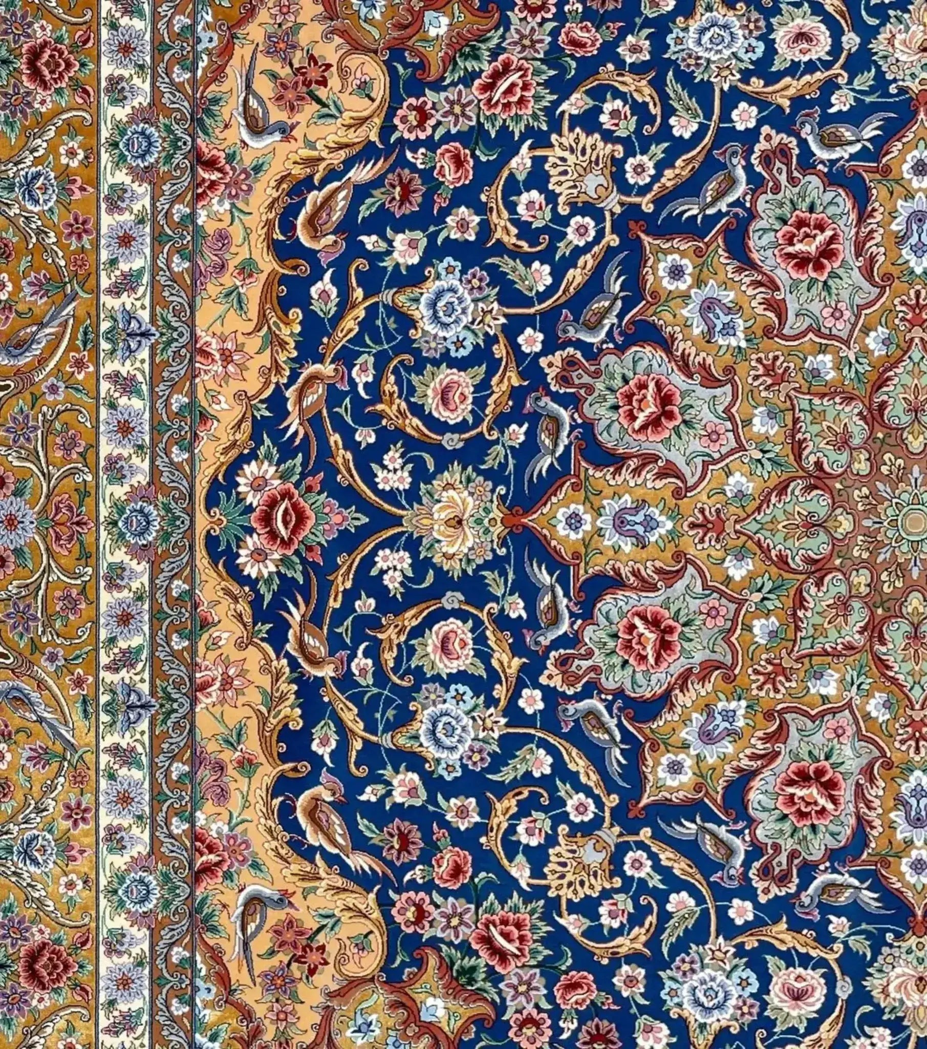 "Elegant wool and silk Persian carpet, 250 cm x 250 cm, knotted by hand in Isfahan, Iran. Ideal for adding timeless beauty to your interior design."